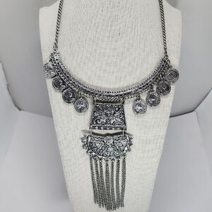 Silver Statement Necklace with Coin Accents